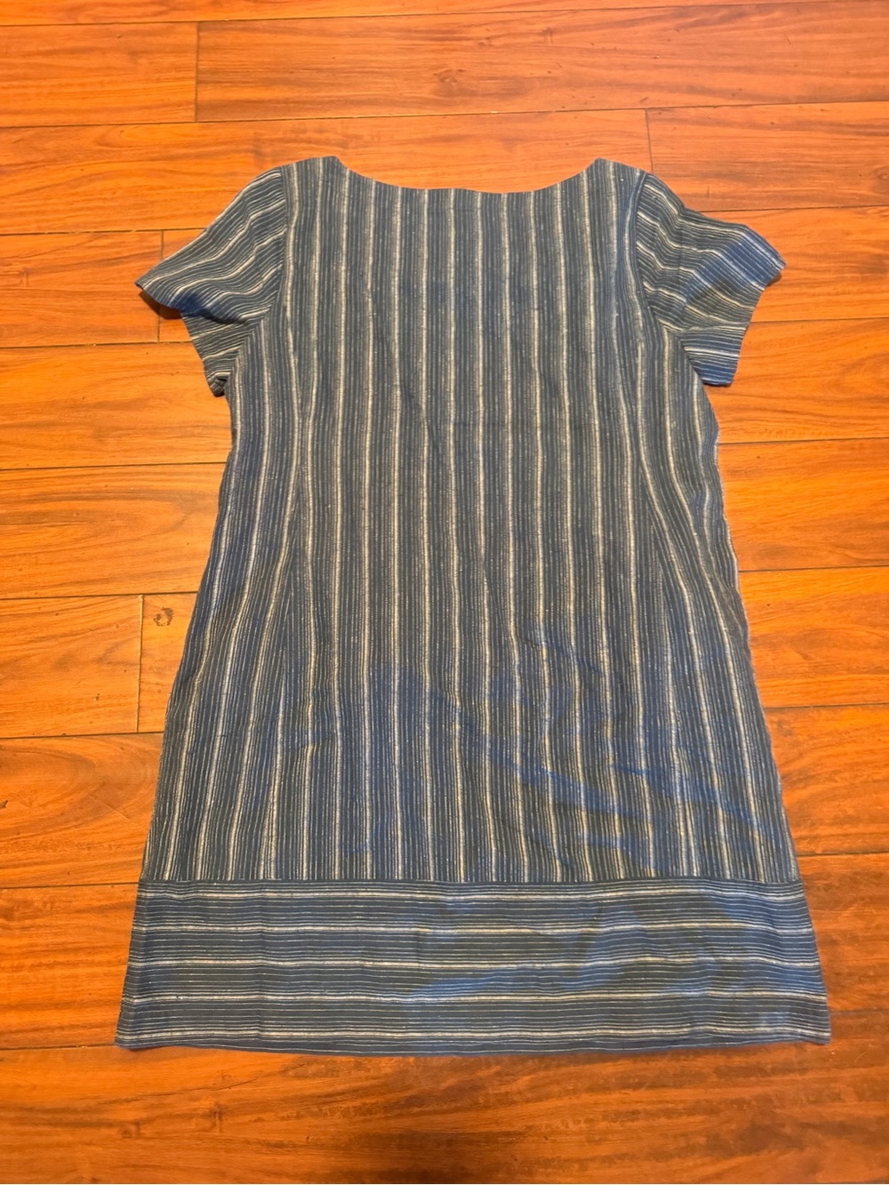 Eileen Fisher Navy and White Striped Short Sleeve Shift Dress - Picture 4 of 8